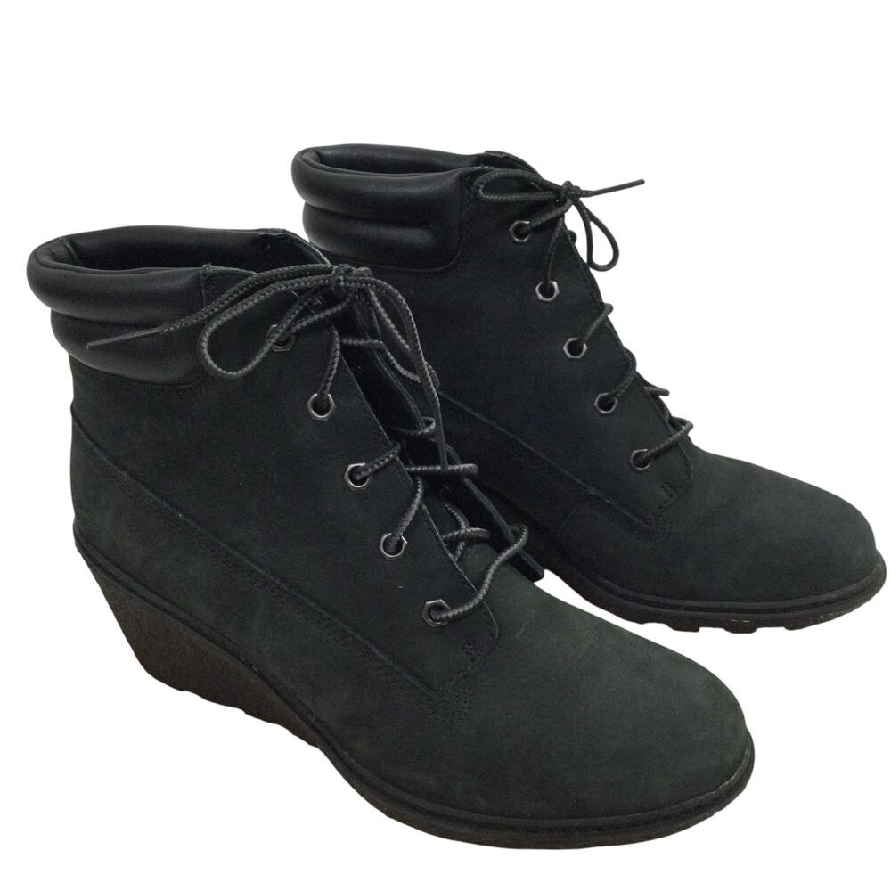 Timberland Womens Amston Wedge Ankle Boot Earthkeepers Leather Black Size US 8